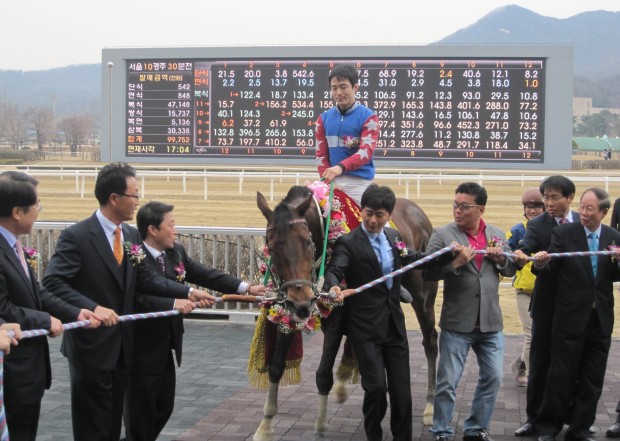 Hold On! Connections and jockey Choi Si Dae struggle to hold Useung Touch in the Ttukseom Cup winner's circle